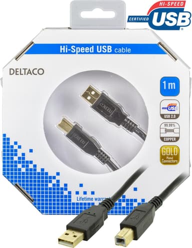 DELTACO USB 2.0-kabel Type A hann - Type B hann 1m, svart