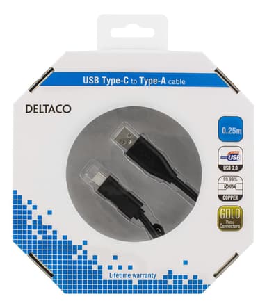DELTACO USB 2.0-kabel, 0,25 m, Type C - Type A hann, PD-profil 1, svart