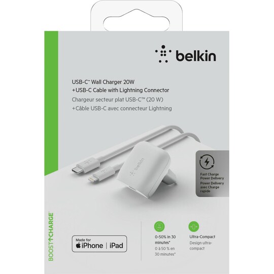Belkin 20W vegglader + USB-C til Lightning-kabel (hvit)