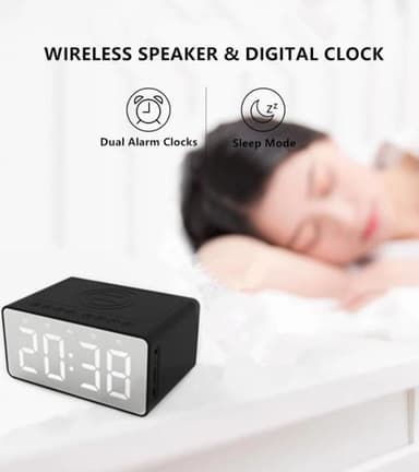 LED vekkerklokke med Bluetooth-høyttaler og trådløs lading