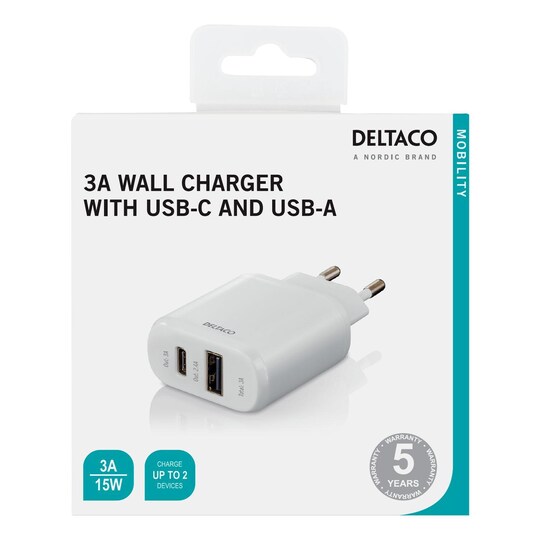 DELTACO Vegglader 230V til 5V USB, 3A 15W, 1xUSB-C, 1xUSB-A, hvit