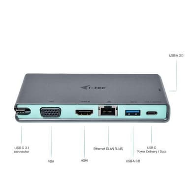 i-tec C31TRAVELDOCKPD, Koblet med ledninger (ikke trådløs), USB 3.2 Gen 1 (3.1 Gen 1) Type-C, 60 W, USB Type-C, 10,100,1000 Mbit/s, Grå, Turkis