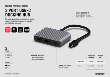 Unisynk 3-Port USB-C hub (sort)