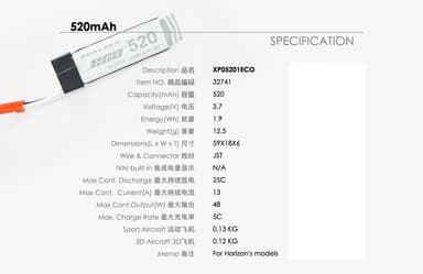 1s   520mah - 25c - dualsky xpower eco-s - jst