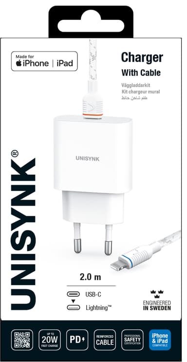 Unisynk 20W Lightning Slim sett for vegglading (hvit)