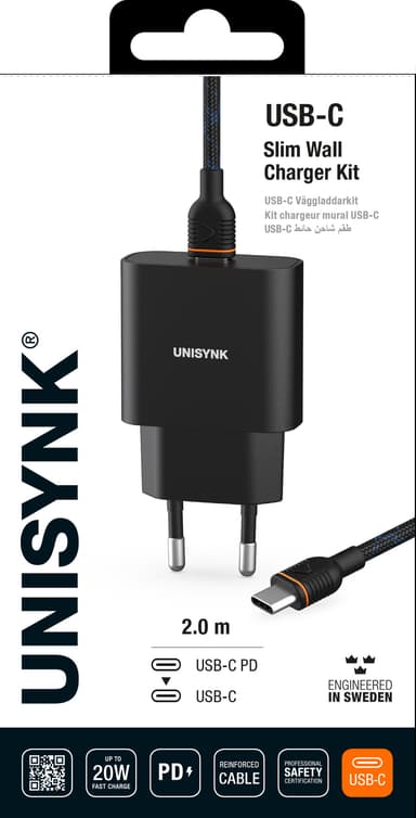 Unisynk USB-C Slim sett for vegglading (sort)