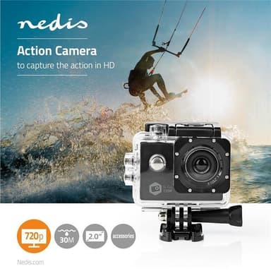 Nedis handling Cam | Enkel Skjerm | 720p@30fps | 5 MPixel | Vanntett opptil: 30.0 m | 90 min | Wi-Fi | App tilgjengelig for: Android™ / IOS | Montering inkludert | Sort
