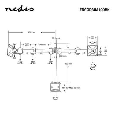 Ergonomisk Monitorstativ, Fullbevegelig, Svart