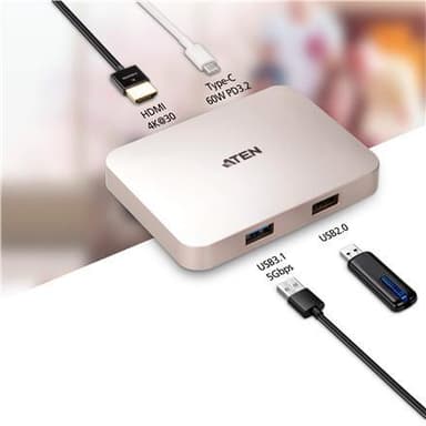 Aten USB-C 4K Ultra Mini Dock med Power Pass-through USB 3.0 (3.1 Gen 1) porter antall 1, USB 2.0 porter antall 1, HDMI porter antall 1, USB 3.0 (3.1 Gen 1) Type-C porter antall 1