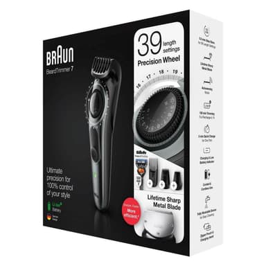 Braun Skjeggtrimmer BT7220 Driftstid (maks) 100 min, Antall lengdetrinn 39, Trinn nøyaktig 0,5 mm, Lithium Ion, Sort/Grå, Trådløs og med ledning