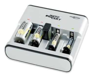 Battery charger, 5 batteries, all sizes, LED, silver