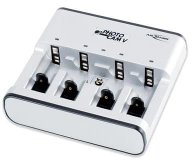 Battery charger, 5 batteries, all sizes, LED, silver