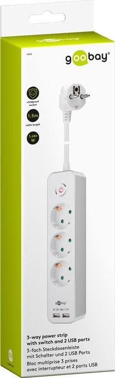 Goobay 3-veis strømskinne med bryter og 2 USB-porter