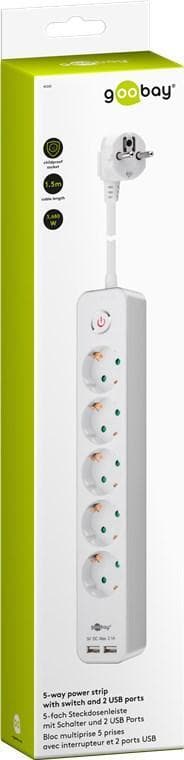 5-veis strømskinne med bryter og 2 USB-porter