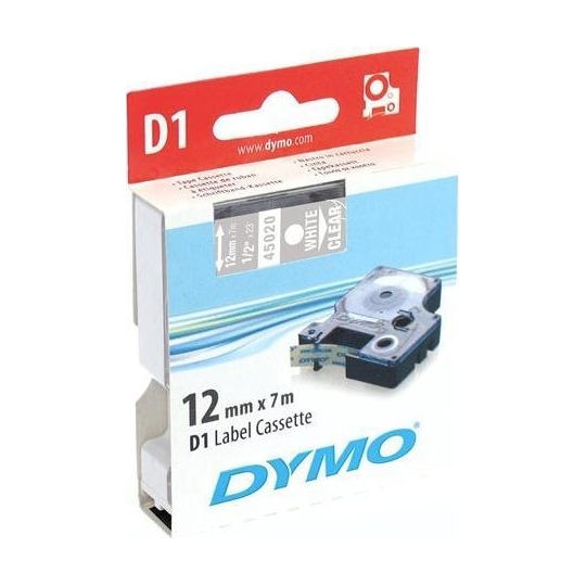 DYMO D1 märktejp standard 12mm, vit på klar, 7m rulle
