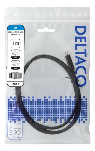 deltaco USB 2.0 USB-C, USB-C charging cable, 3A, 1m, black