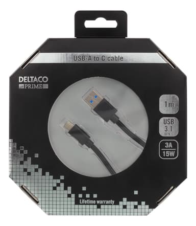 DELTACO PRIME USB 3.1 Gen1 kabel, stoff, USB-C ha -  A ha, 1m, sort