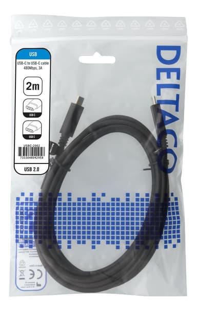 deltaco USB 2.0 USB-C, USB-C charging cable, 3A, 2m, black