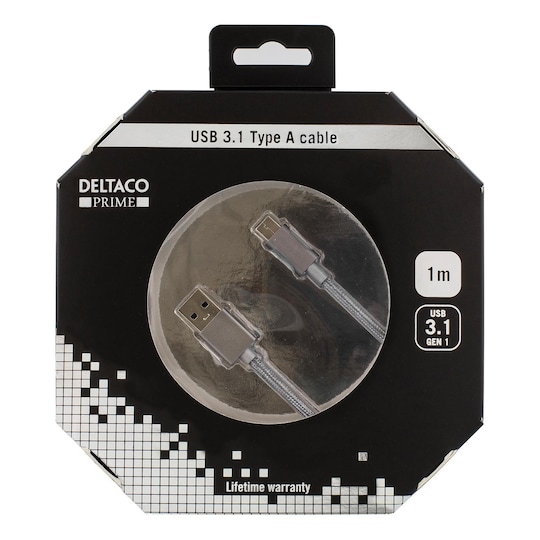 DELTACO PRIME USB Kabel, 3.1 Gen1, Type C Ha, Type A Ha, 1m, grå