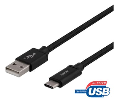 deltaco USB-A to USB-C cable, 1m, USB 2.0, braided, black