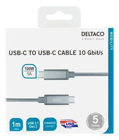 deltaco USBC SuperSpeed cable 1m braided USB3.1 Gen2 10Gbps 100W