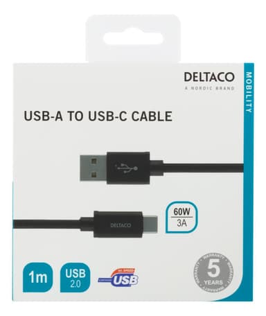 deltaco USB-A to USB-C cable, 1m, USB 2.0, braided, black