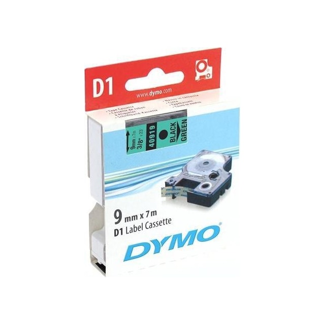 DYMO D1 märktejp standard 9mm, svart på grönt, 7m rulle (40919)