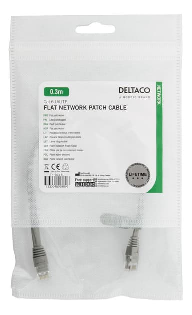 deltaco U/UTP Cat6 patch cable, flat, 0.3m, 250MHz, grey