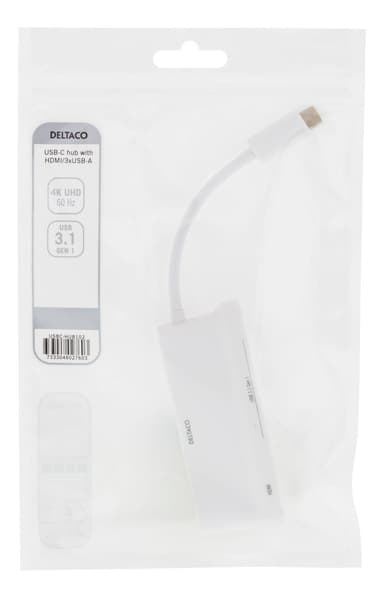 deltaco USB-C hub, 1x HDMI 4K at 30Hz, 3x USB-A 3.1, white
