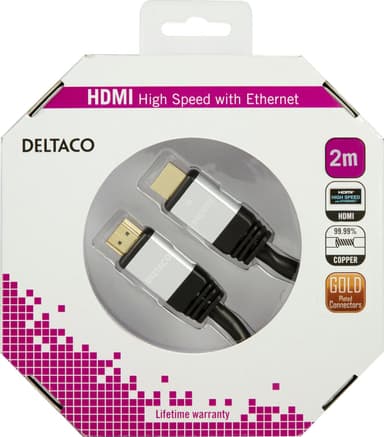 DELTACO HDMI-kabel, HDMI High Speed med Ethernet, 4K, 2m, svart