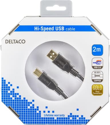 DELTACO USB 2.0 kabel Type A-Type B output,2m,svart