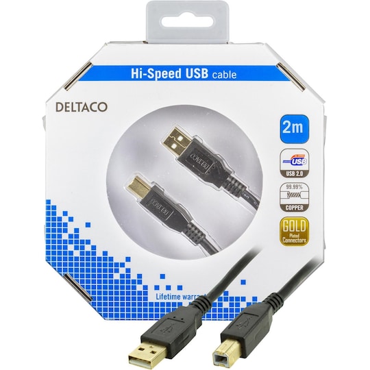 DELTACO USB 2.0 kabel Type A-Type B output,2m,svart