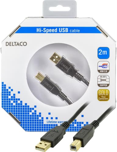DELTACO USB 2.0 kabel Type A-Type B output,2m,svart