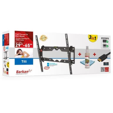 Barkan 3-i-1-kombinasjon: Flat/buet TV-veggfeste + skjermrenser + HDMI-kabel CM310+ veggfeste, tilt, 29-65 ", maks vekt (kapasitet) 50 kg, svart