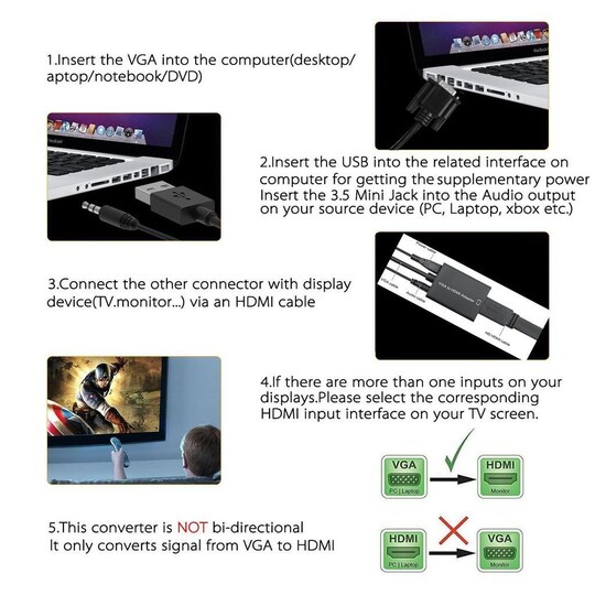 VGA til HDMI -kompatibel adapter med lydkabel