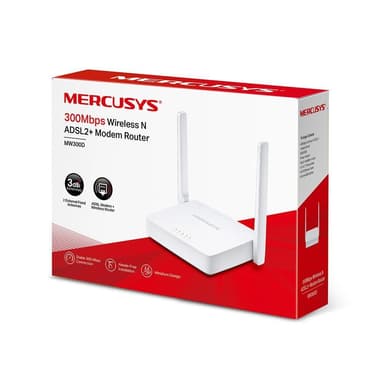 Mercusys Wireless N ADSL2+ Modem Router MW300D 802.11n, 300 Mbit/s, 10/100 Mbit/s, Ethernet LAN (RJ-45) porter 3, Antennetype 2 × Ekstern, Hvit