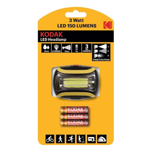 Kodak LED-hodelykt, 150lm, 3 posisjoner, 3W enkel LED, IP44, svart