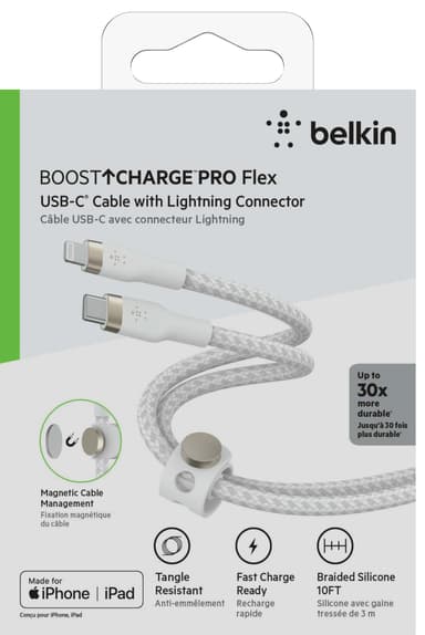 Belkin USB-C til Lightning flettet silikonkabel 3m (hvit)
