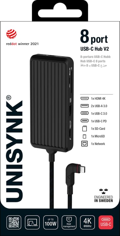 Unisynk 8-Port USB-C hub (sort)