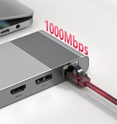 NÖRDIC USB-C 1 til 12 Dokkingstasjon 1xDP 8K30Hz 1xHDMI 8K30Hz 1xRJ45 GigaLan 1xUSB-C PD100W 3xUSB 10G 1xUSB 5G 1xSD 1XMicroSD 1x3,5 mm