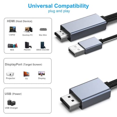 NÖRDIC HDMI til Displayport-kabel 1m 4K60Hz 18Gbps