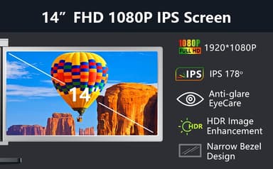 NÖRDIC Bærbar 14"" LCD-skjerm for bærbare datamaskiner 14-17,3"" FHD 1080P IPS med USB-C og Mini HDMI-port,