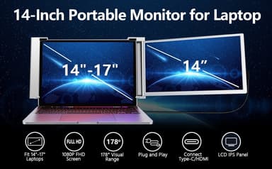 NÖRDIC Bærbar 14"" LCD-skjerm for bærbare datamaskiner 14-17,3"" FHD 1080P IPS med USB-C og Mini HDMI-port,