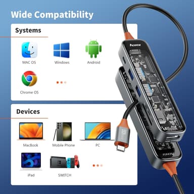 NÖRDIC USB-C 1 til 6 huber 1xHDMI4K60Hz 1xUSB-C PD 100W 2xUSB-A 5Gbps 1xSD 1xMicro SD