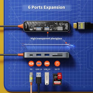 NÖRDIC USB-C 1 til 6 huber 1xHDMI4K60Hz 1xUSB-C PD 100W 2xUSB-A 5Gbps 1xSD 1xMicro SD