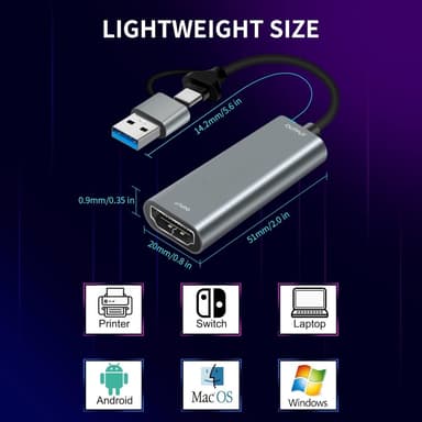 HDMI til USB-adapter for videoopptak 4K 30Hz USB-A og USB-C