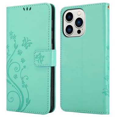 iPhone 14 PRO MAX lommebokdeksel Blomster (turkis)