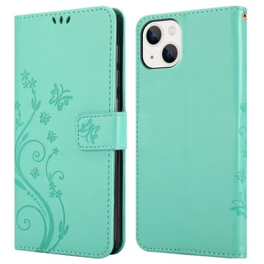 iPhone 14 PLUS lommebokdeksel Blomster (turkis)