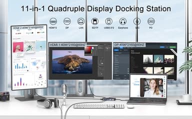 NÖRDIC 1 til 11 USB-C-dokkingstasjon for tre skjermer 2xHDMI 4K60Hz 1xDP4K60Hz DP87W Thunderbolt 3/4 DisplayLink