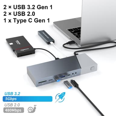 NÖRDIC DisplayLink USB-A & USB-C Dokkingstasjon 1 til 15 for trippelskjermer 1xHDMI 4K30Hz 2xHDMI 2K50hz for Mac M1 M2 Thunderbolt 3 & 4